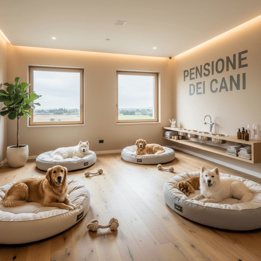 Camera confortevole per cani con letti morbidi e spazi ben illuminati