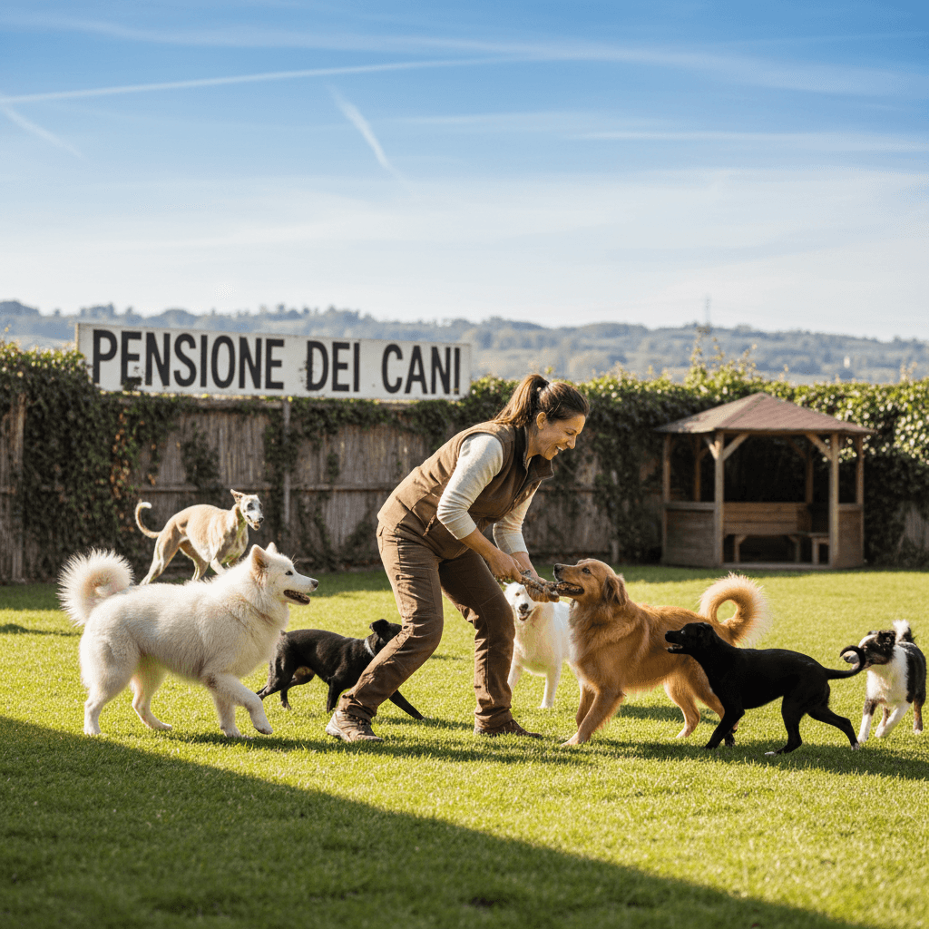 Operatore che gioca con i cani nell'area esterna dedicata