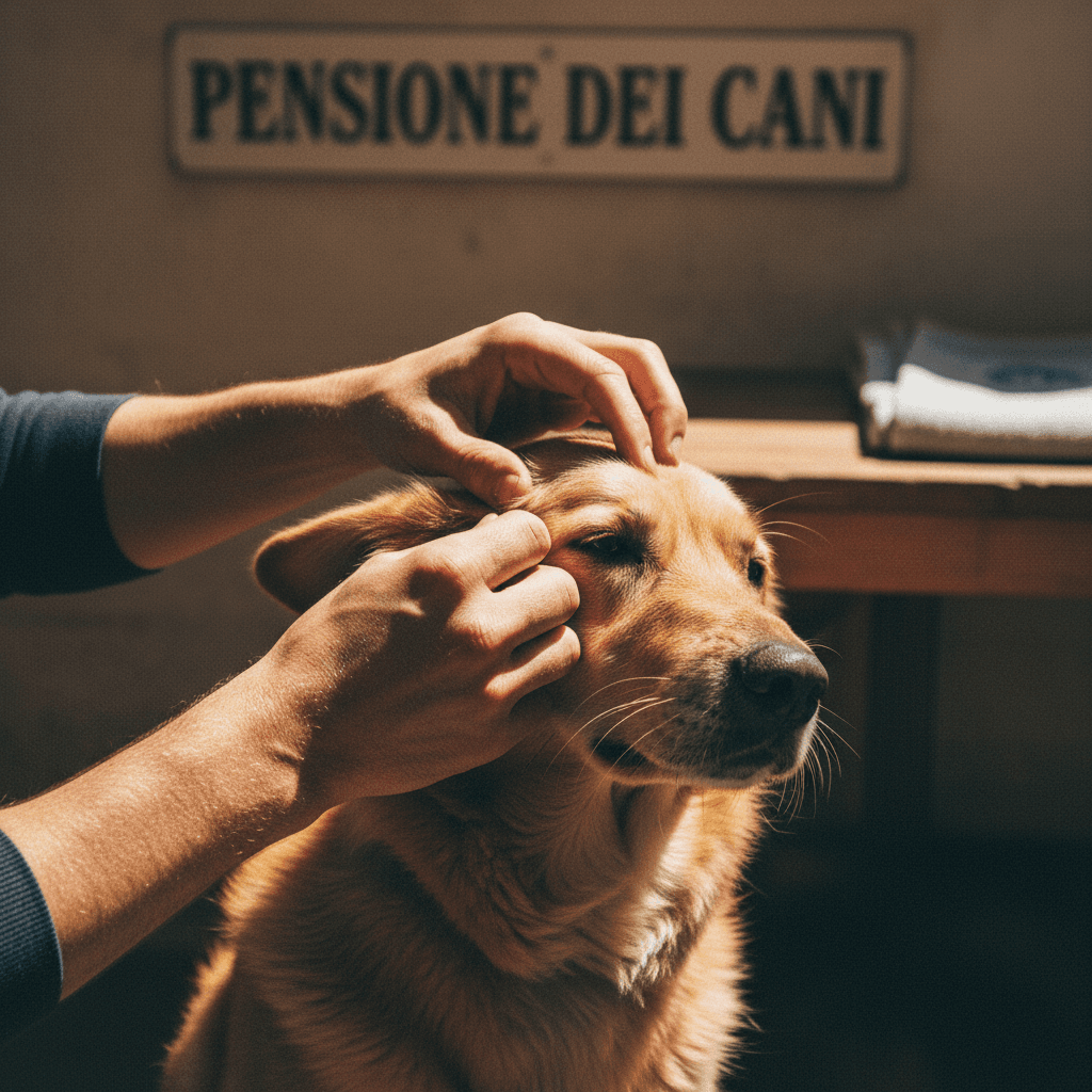 Controllo professionale e gentile di un cane durante la cura quotidiana