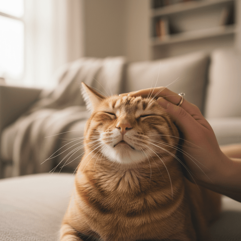 Pet sitter's hands gently stroking a tabby cat's head while it relaxes on a couch in warm natural light