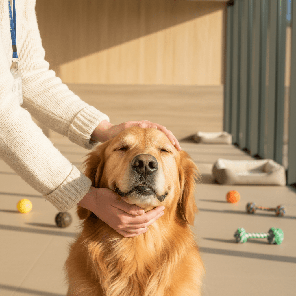 Caregiver petting a content dog in a bright boarding room