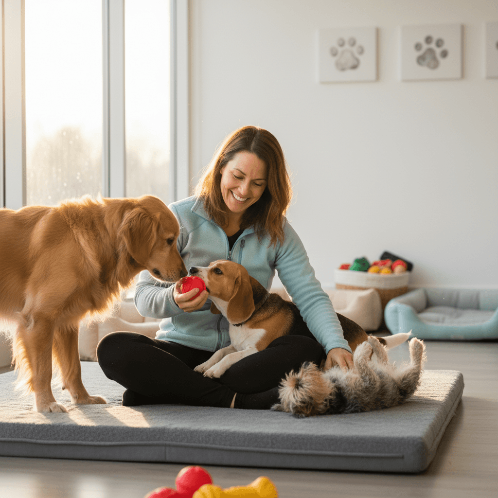 Professional caregiver playing with multiple dogs in bright, naturally lit indoor play area, fostering safe socialization.