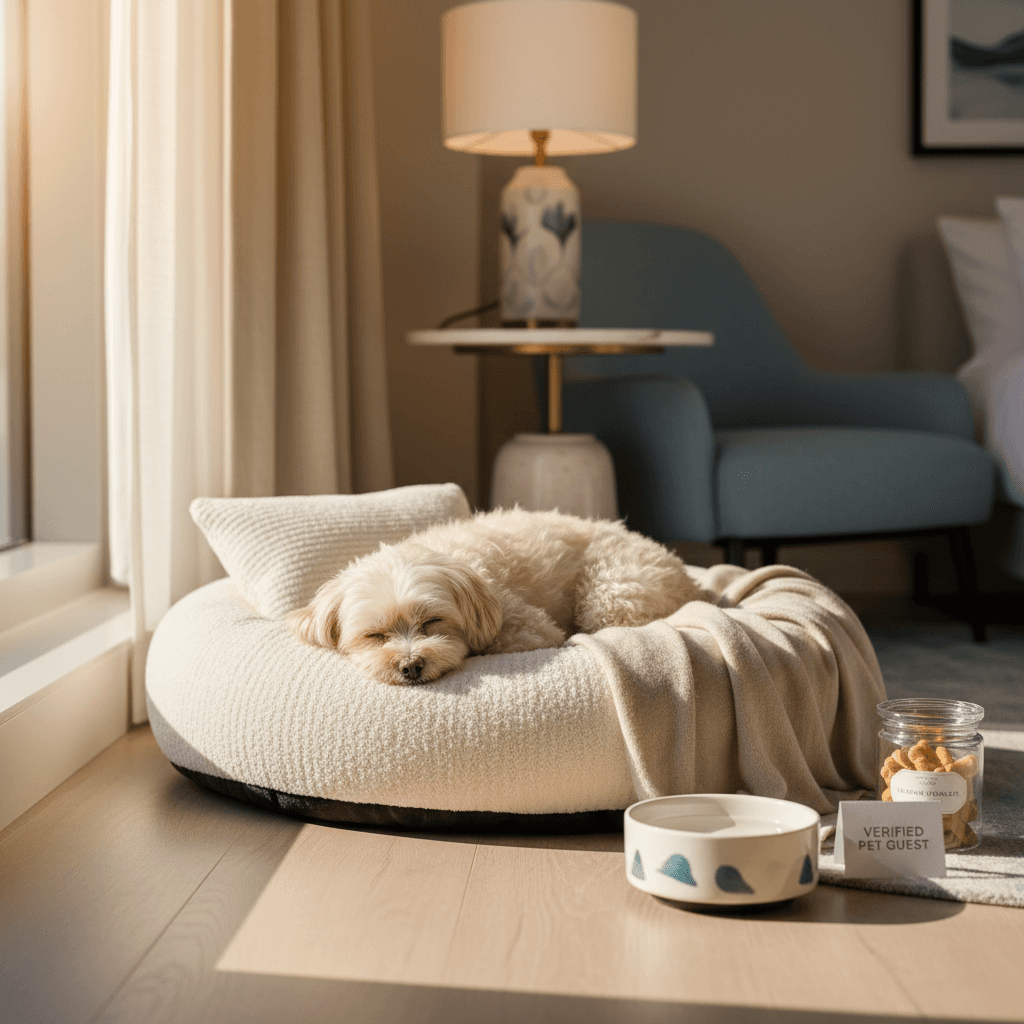 Cane che riposa comodamente su un letto in una camera luminosa
